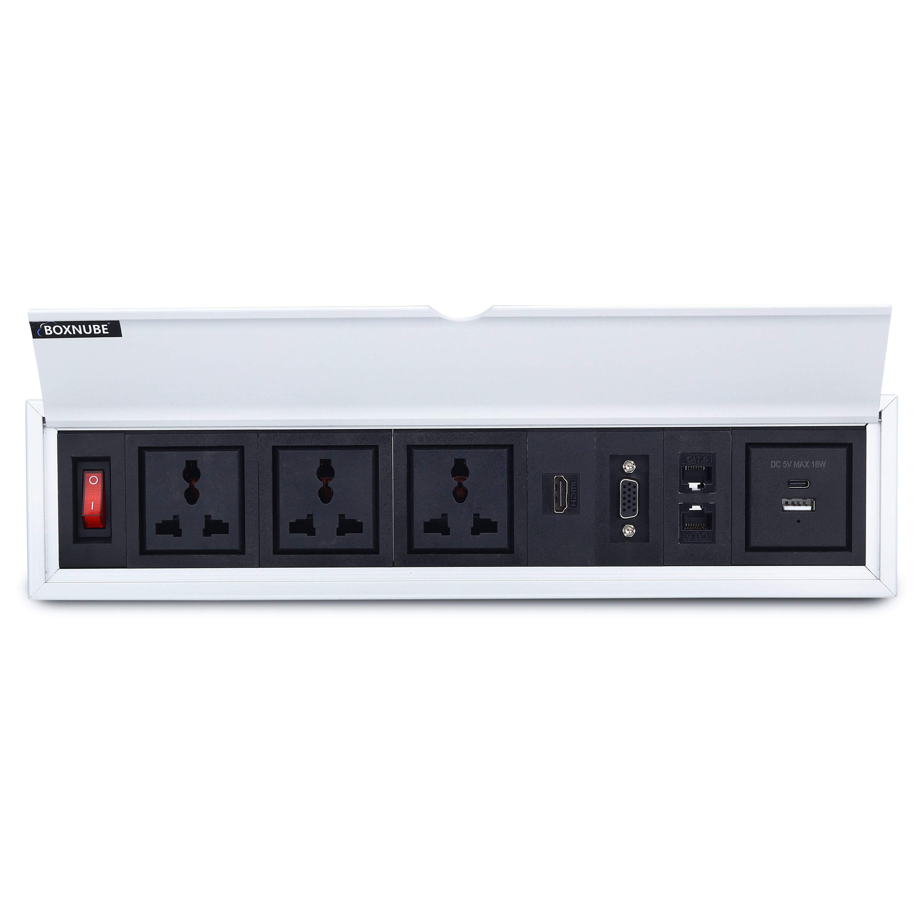 BOXNUBE Fliptop Box Cable Cubby Extension Board with On/Off Switch, Universal Power Sockets, LAN , HDMI , VGA , USB-A & USB-C Type C Ports BOXNUBE Fliptop Box Cable Cubby Extension Board with On/Off Switch, Universal Power Sockets, LAN , HDMI , VGA , USB-A & USB-C Type C Ports